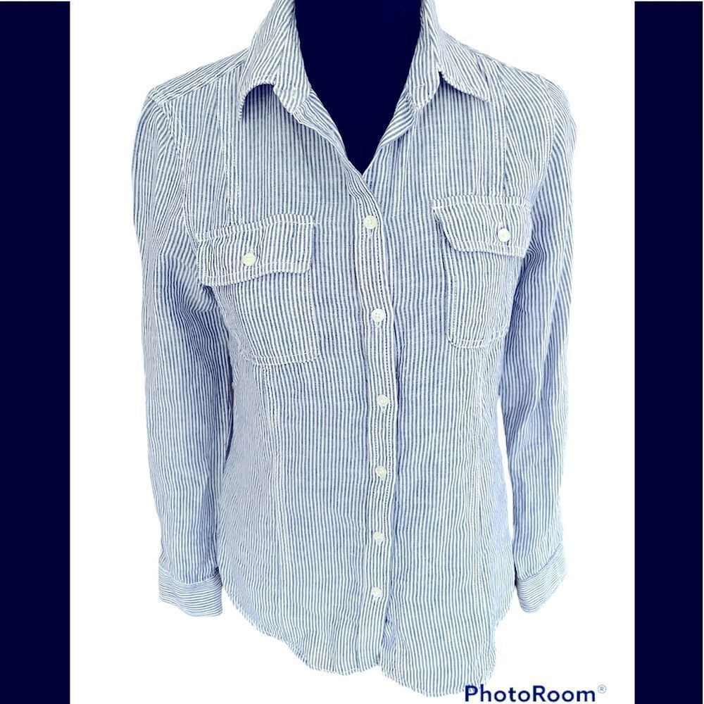 KENAR button front linen blend striped shirt with tab button sleeves, size XS